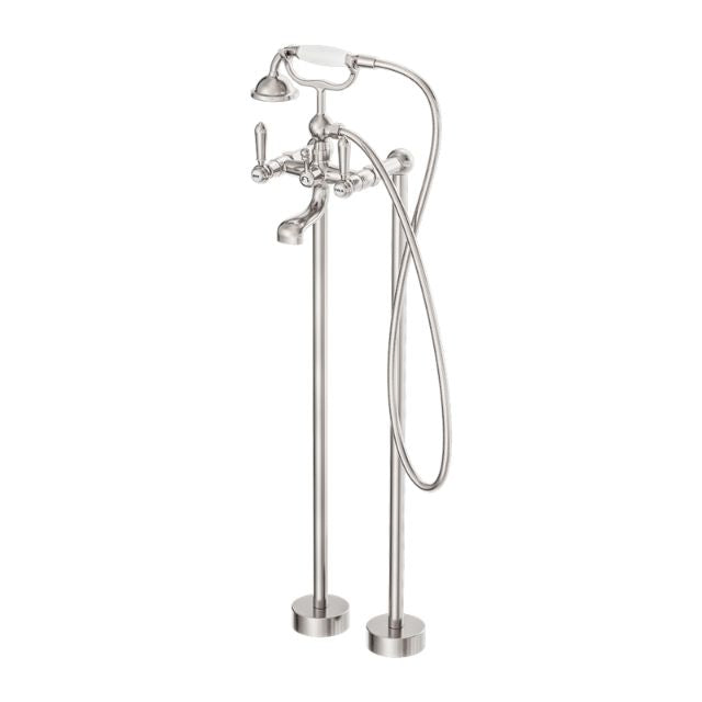 Nero York floor-mounted freestanding bath filler tap in brushed nickel with white porcelain lever and hand shower