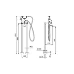 Technical drawing of Nero York floor-mounted bath set with hand shower, showing dimensions in brushed nickel style