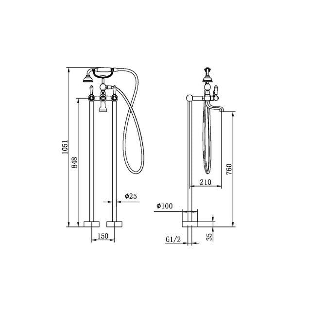 Technical drawing of Nero York floor-mounted bath set with hand shower, showing dimensions in brushed nickel style