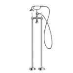 Nero York chrome floor-mounted bath set with white porcelain hand shower, cross handles and bath spout