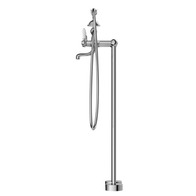 Nero York floor-mounted bath filler set in chrome with hand shower and spout, on white background