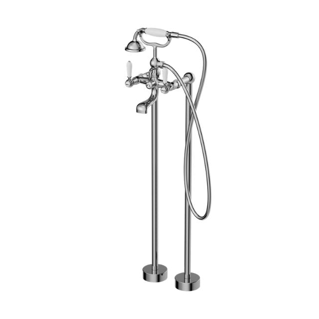 Nero York floor-mounted bath filler set in chrome with white porcelain hand shower, front view