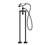 Nero York floor-mounted bath set in matte black with white porcelain hand shower and hose