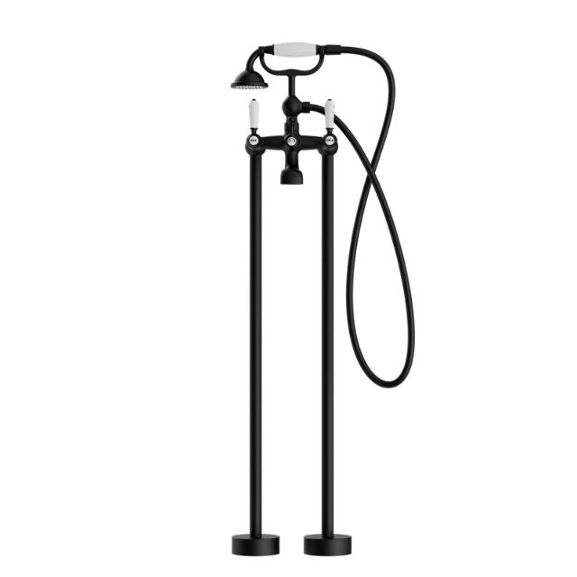 Nero York floor-mounted bath set in matte black with white porcelain hand shower and hose