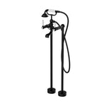 Nero York floor-mounted bath set in matte black with white porcelain hand shower and telephone-style mixer, front view