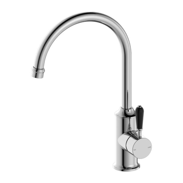 Nero York chrome gooseneck kitchen mixer tap with black porcelain lever, side view, on white background