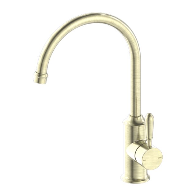 Nero York kitchen mixer tap in aged brass with tall gooseneck spout and metal lever handle, isolated on white