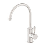 Nero York brushed nickel kitchen mixer tap with tall gooseneck spout and single metal lever, isolated on white