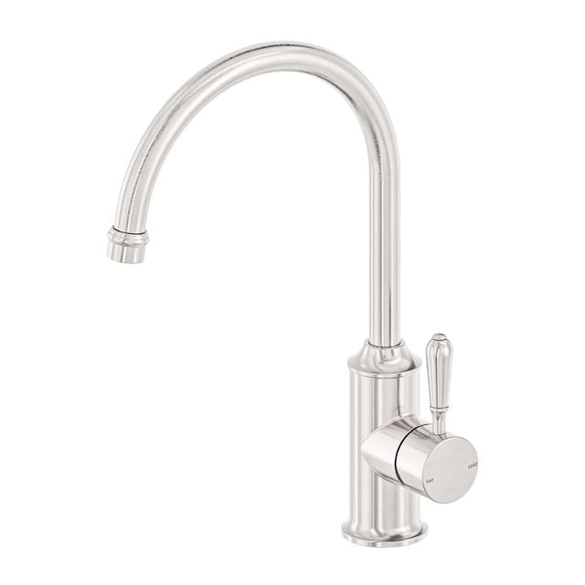 Nero York brushed nickel kitchen mixer tap with tall gooseneck spout and single metal lever, isolated on white