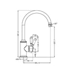 Technical drawing of Nero York gooseneck kitchen mixer in brushed nickel, showing side view and dimensions