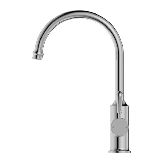 Nero York chrome gooseneck kitchen mixer tap with metal lever, shown front on against white background