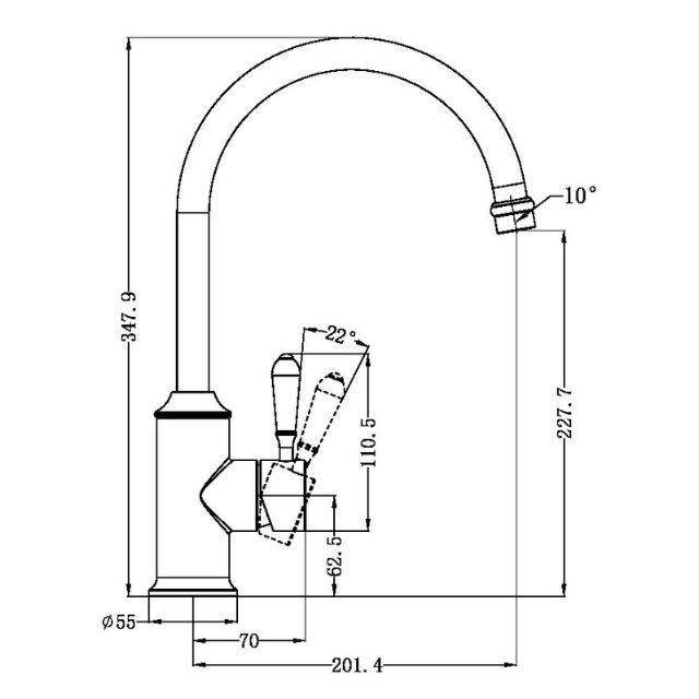 Nero York kitchen mixer technical drawing in chrome, showing gooseneck spout dimensions and metal lever handle measurements