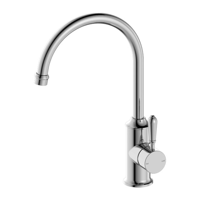 Nero York chrome kitchen mixer tap with tall gooseneck spout and metal lever handle, shown on white background