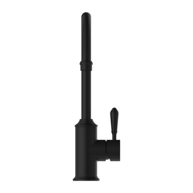 Nero York kitchen mixer tap in matte black with tall gooseneck spout and slim metal lever on white background