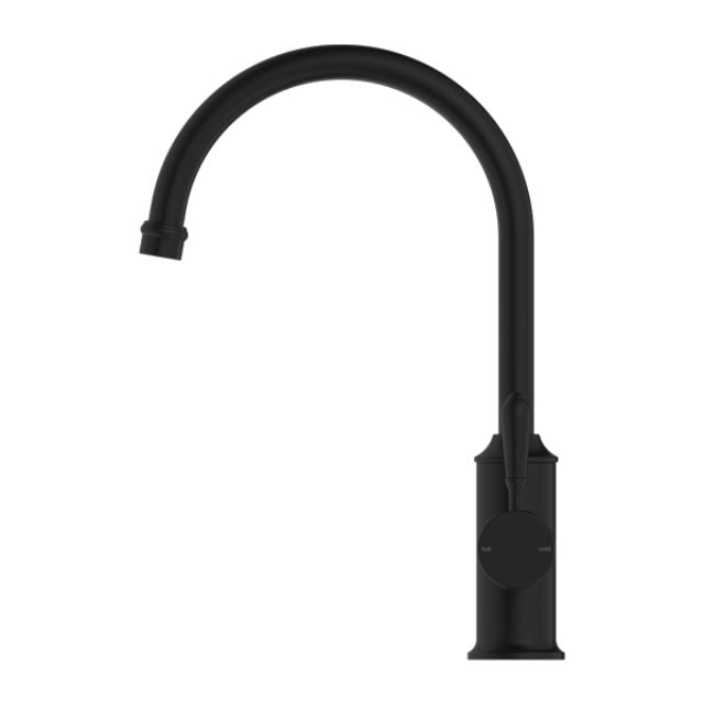 Nero York kitchen mixer tap in matte black with gooseneck spout and metal lever handle, front view on white background