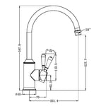 Technical drawing of Nero York kitchen mixer tap in matte black, showing gooseneck spout and dimensions, including 347.9mm height and 201.4mm reach
