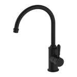 Nero York kitchen mixer tap in matte black, with gooseneck spout and metal lever handle, front view on white background