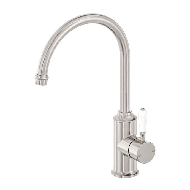 Nero York gooseneck kitchen mixer in brushed nickel with white porcelain lever, single-lever hob-mounted tap on white background