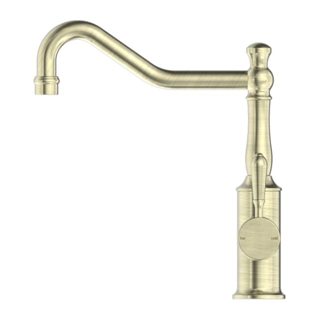 Nero York kitchen mixer tap in aged brass with hook spout and metal lever, side view