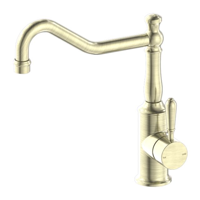Nero York kitchen mixer tap with hook spout and metal lever in aged brass finish