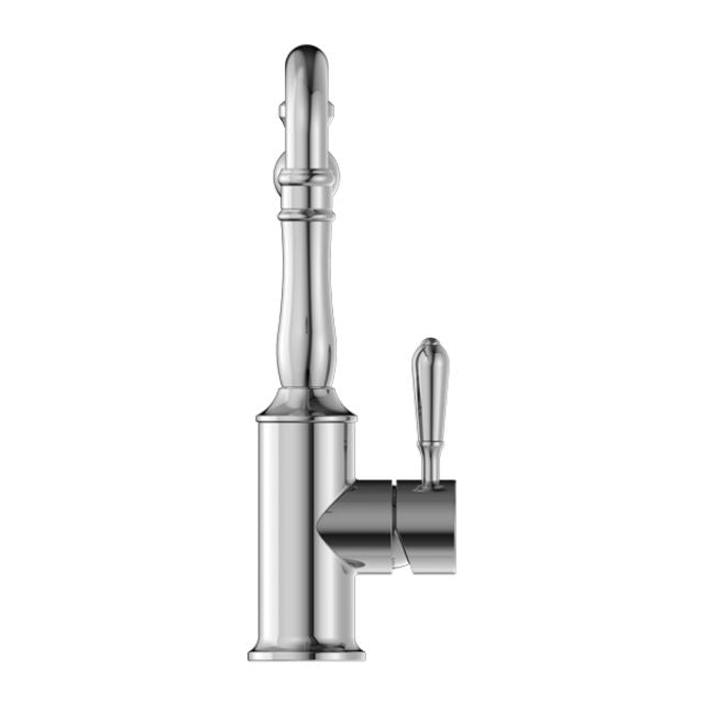 Nero York chrome kitchen mixer with hook spout and metal lever, side view on white background