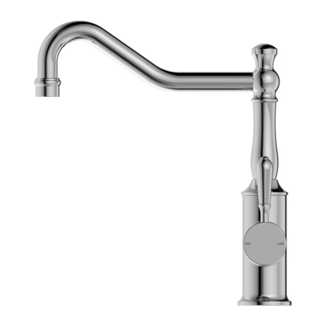 Nero York chrome kitchen mixer tap with hook spout and metal lever, side view on white background