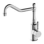 Nero York chrome kitchen mixer tap with hook spout and metal lever handle, shown on white background