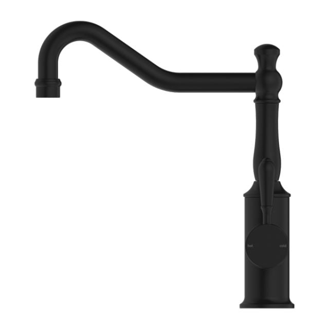 Nero York matte black kitchen mixer tap with hook spout and metal lever, side view on white background