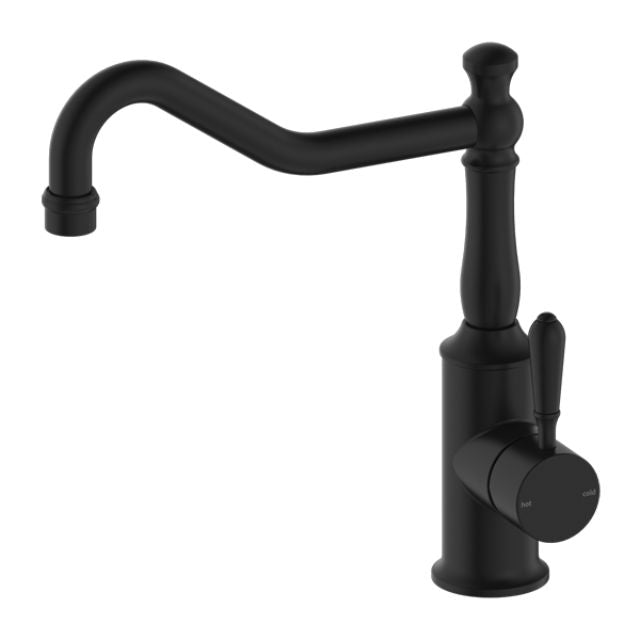 Nero York kitchen mixer tap in matte black with hook spout and metal lever, shown on white background