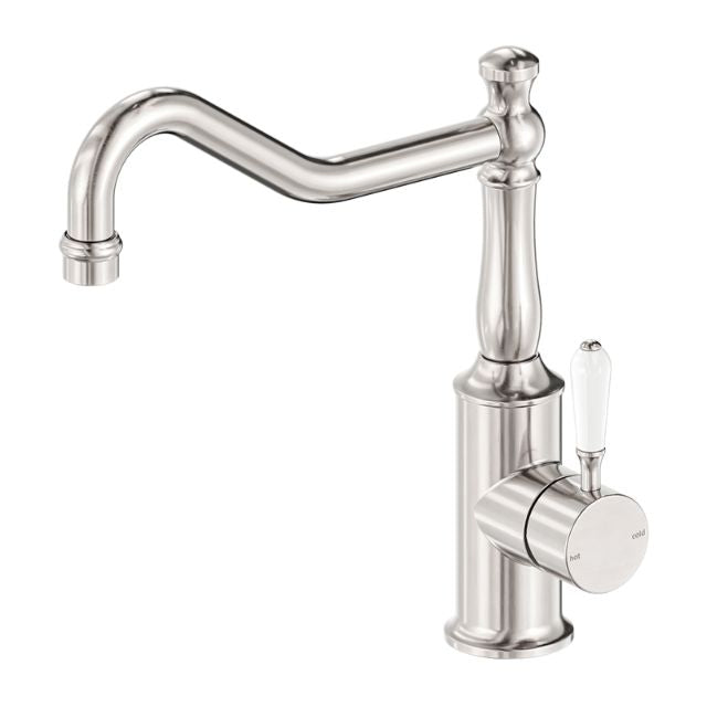 Nero York kitchen mixer tap in brushed nickel with hook spout and white porcelain lever, hob mounted
