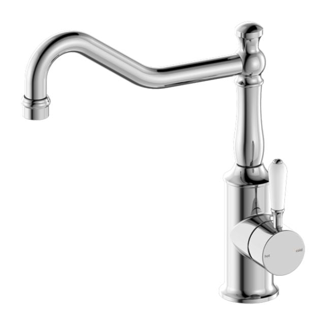 Nero York kitchen mixer tap in chrome with hook spout and white porcelain lever, side view