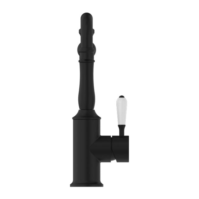Nero York kitchen mixer tap in matte black with tall hook spout and white porcelain lever, side view