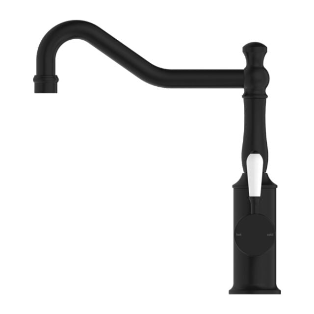 Nero York kitchen mixer tap in matte black with hook spout and white porcelain lever, front view