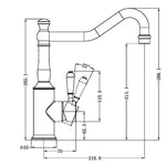 Technical drawing of Nero York kitchen mixer tap in matte black with white porcelain lever, showing dimensions and hook spout profile
