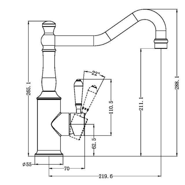 Technical drawing of Nero York kitchen mixer tap in matte black with white porcelain lever, showing dimensions and hook spout profile