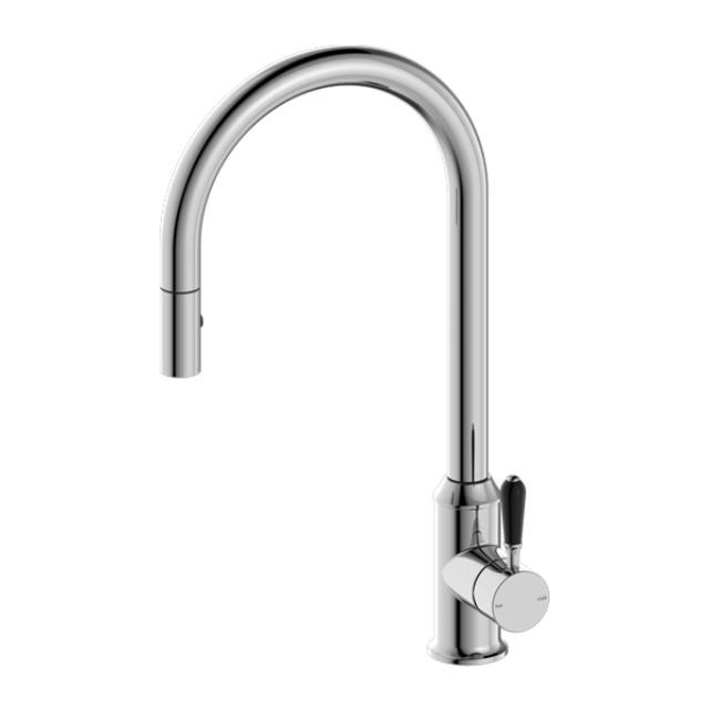 Nero York chrome pull out sink mixer with black porcelain lever and arched swivel spout, side view