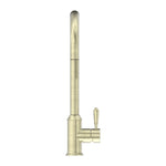 Nero York pull out sink mixer in aged brass with metal lever, tall kitchen tap shown against white background