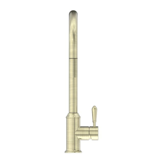 Nero York pull out sink mixer in aged brass with metal lever, tall kitchen tap shown against white background