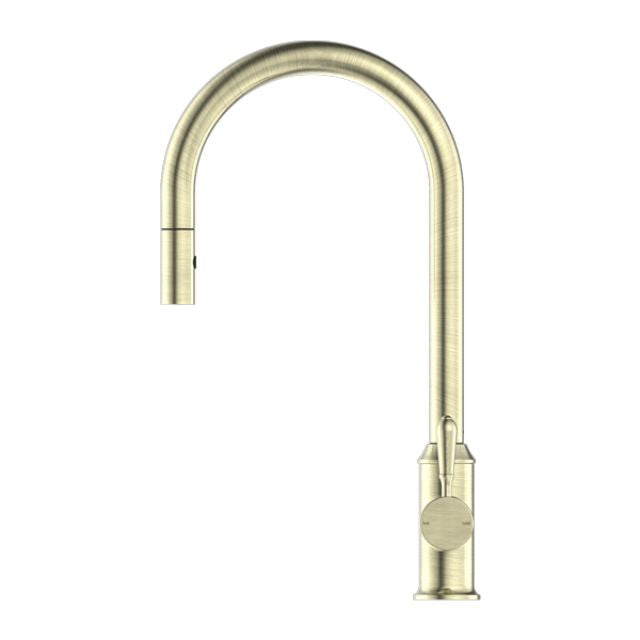 Nero York pull out sink mixer in aged brass with metal lever, gooseneck spout and vegie spray function
