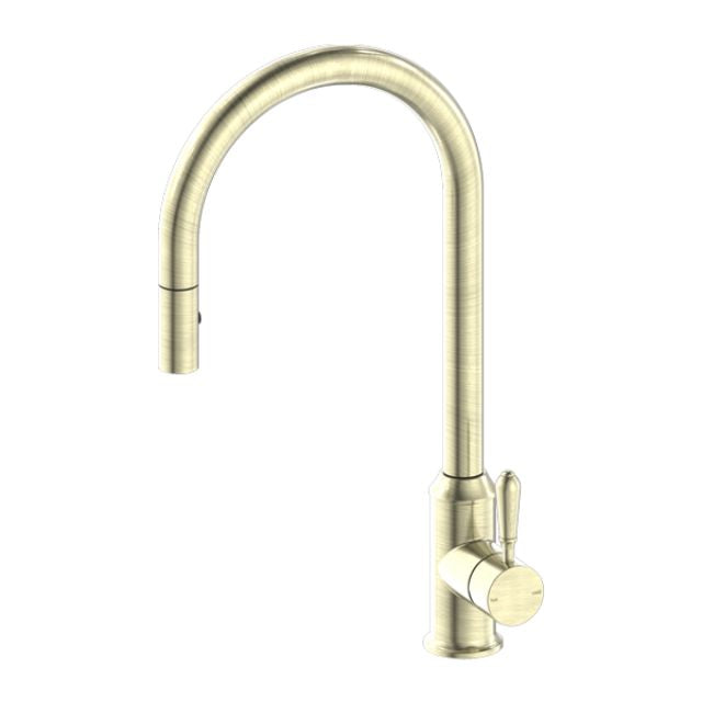 Nero York pull-out sink mixer in aged brass with metal lever, tall U-shaped kitchen tap with vegie spray function