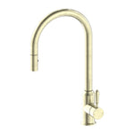 Nero York pull-out sink mixer in aged brass with metal lever, tall U-shaped kitchen tap with vegie spray function