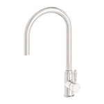 Nero York pull-out kitchen sink mixer in brushed nickel with arched gooseneck spout and metal lever, front view