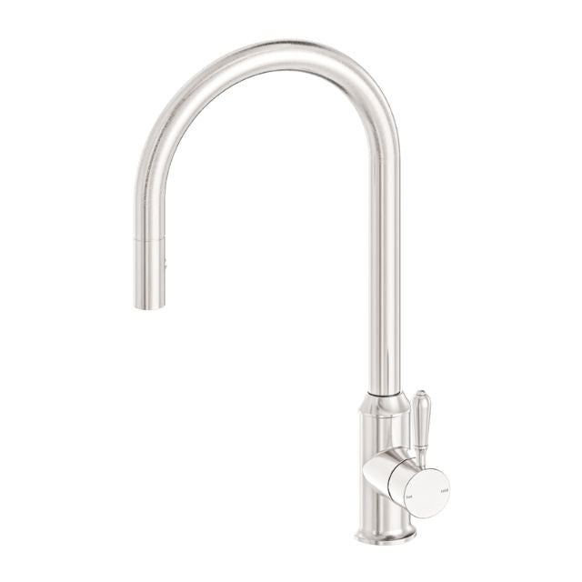 Nero York pull-out kitchen sink mixer in brushed nickel with arched gooseneck spout and metal lever, front view