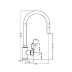 Technical line drawing of Nero York pull out sink mixer in brushed nickel, showing dimensions and side profile with metal lever and high gooseneck spout