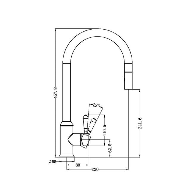 Technical line drawing of Nero York pull out sink mixer in brushed nickel, showing dimensions and side profile with metal lever and high gooseneck spout