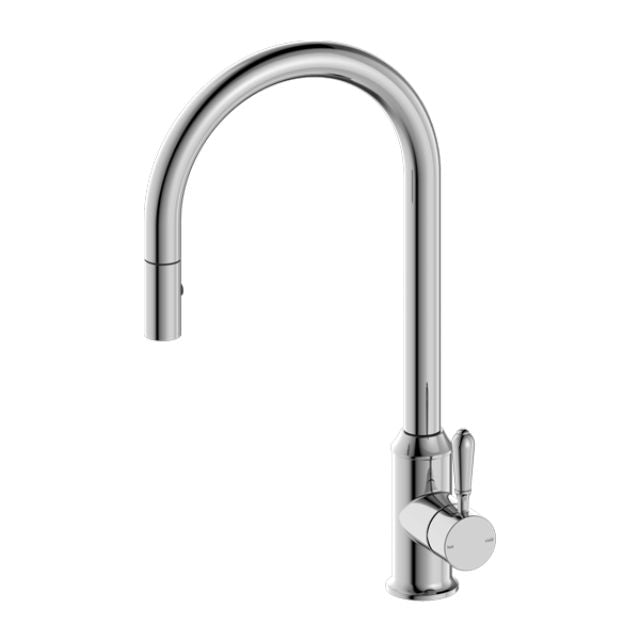 Nero York chrome pull out sink mixer with high gooseneck spout and metal lever, shown on white background