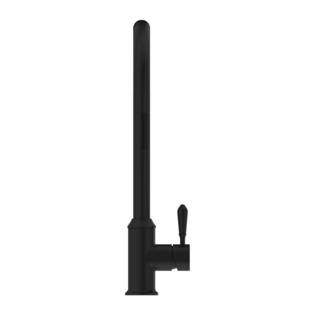 Nero York pull out sink mixer in matte black with metal lever and tall rounded spout, side view, on white background