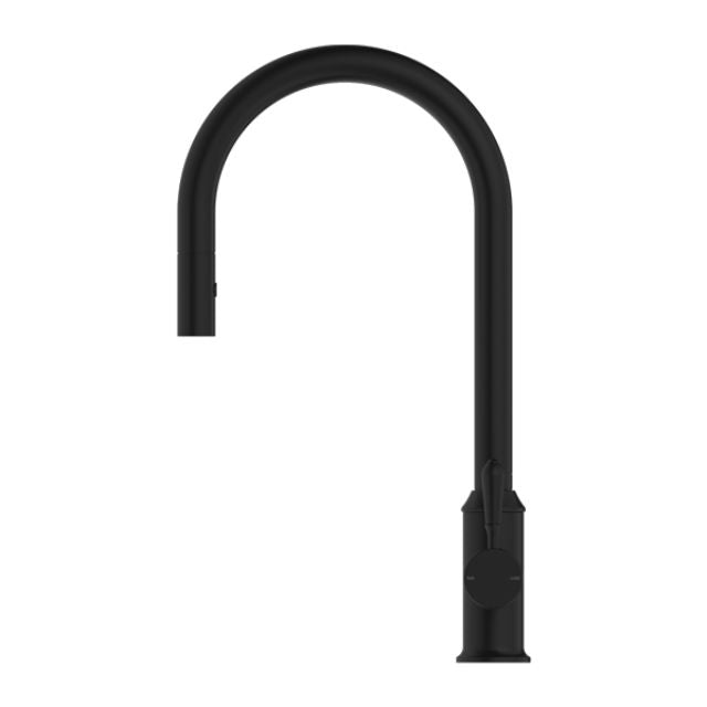 Nero York pull out sink mixer in matte black with high arched spout and metal lever, front view