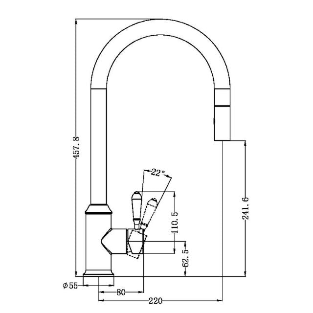 Technical drawing of Nero York pull out sink mixer in matte black, showing dimensions and lever angle for kitchen use