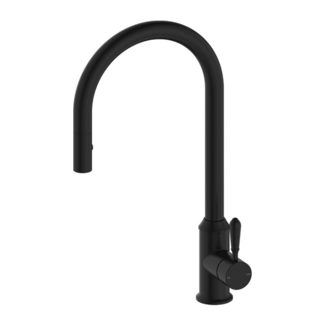 Nero York pull out sink mixer in matte black with metal lever, shown on white background with high gooseneck spout and side handle